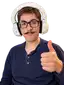 Jacob wearing a white exocortex headset, giving a thumbs up