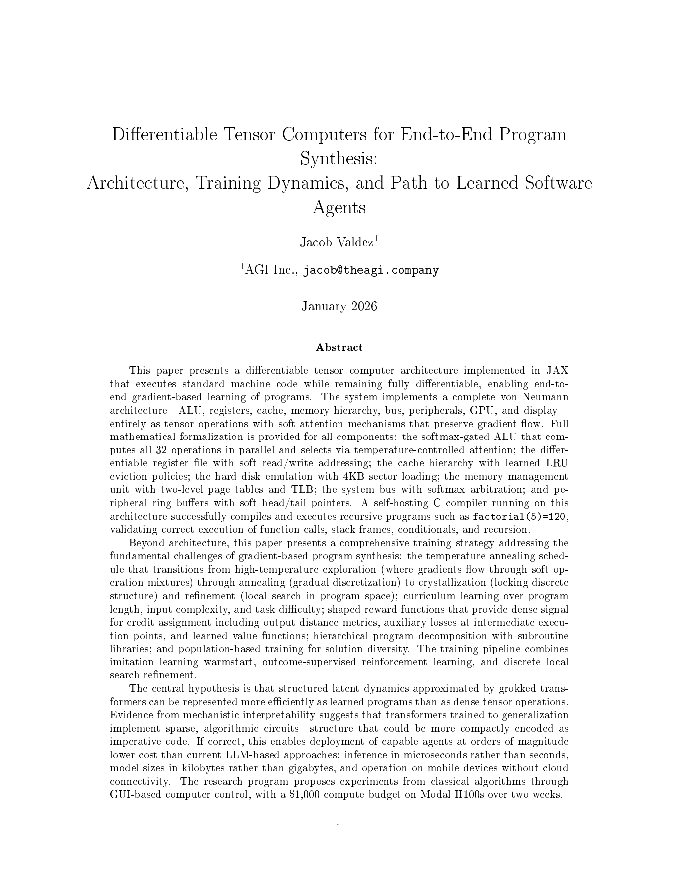 First page of Differentiable Tensor Computers for End-to-End Program Synthesis