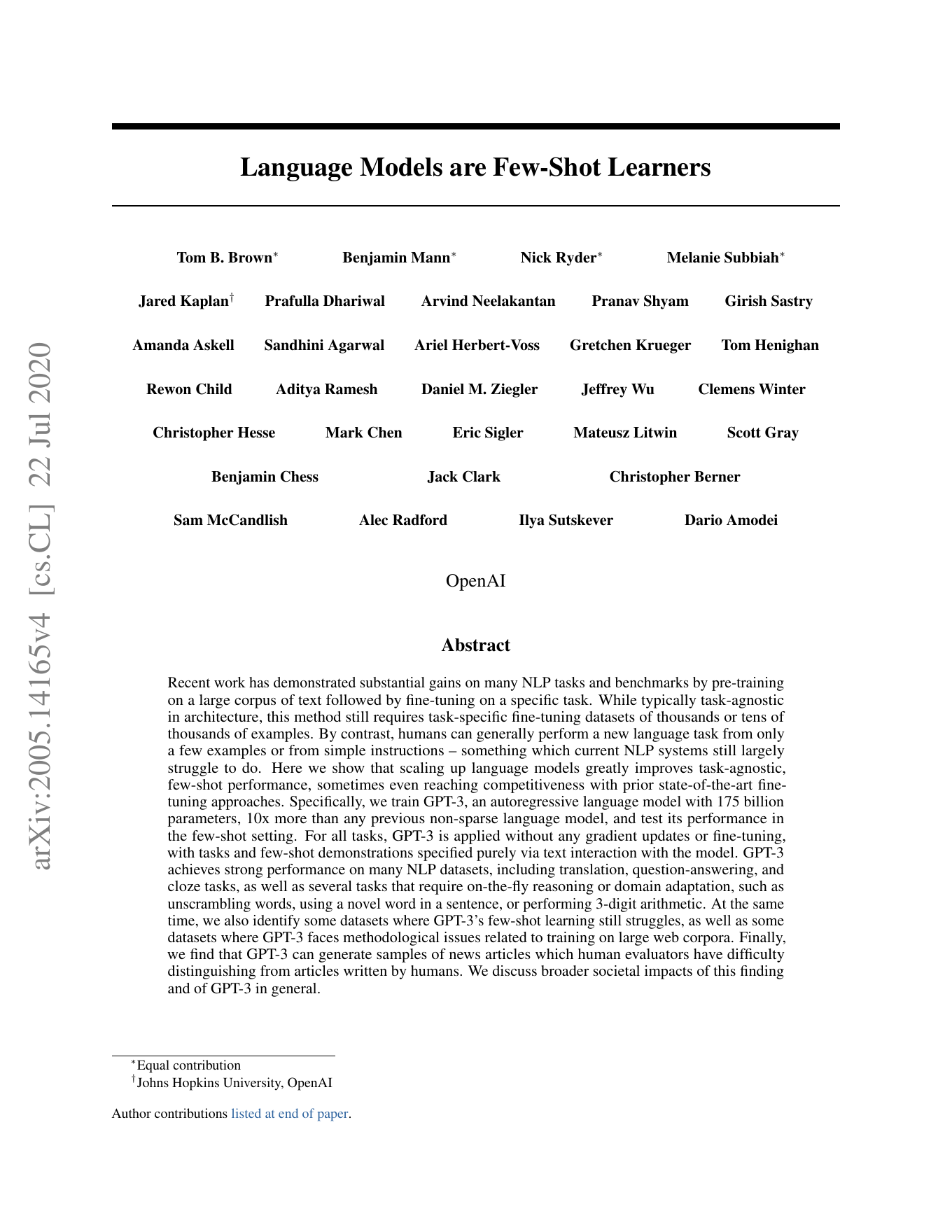 First page of Language Models are Few-Shot Learners
