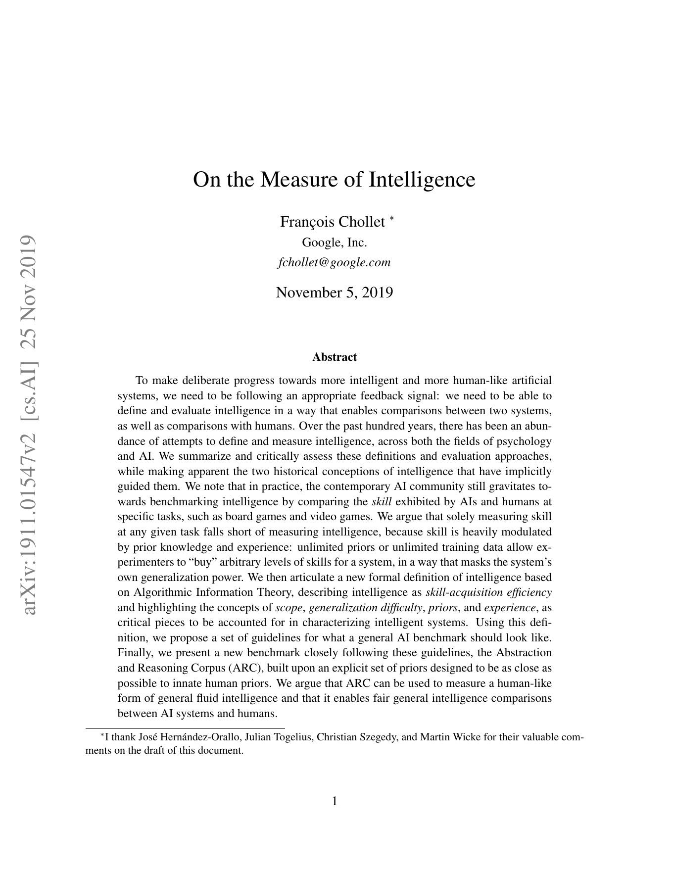 First page of On the Measure of Intelligence