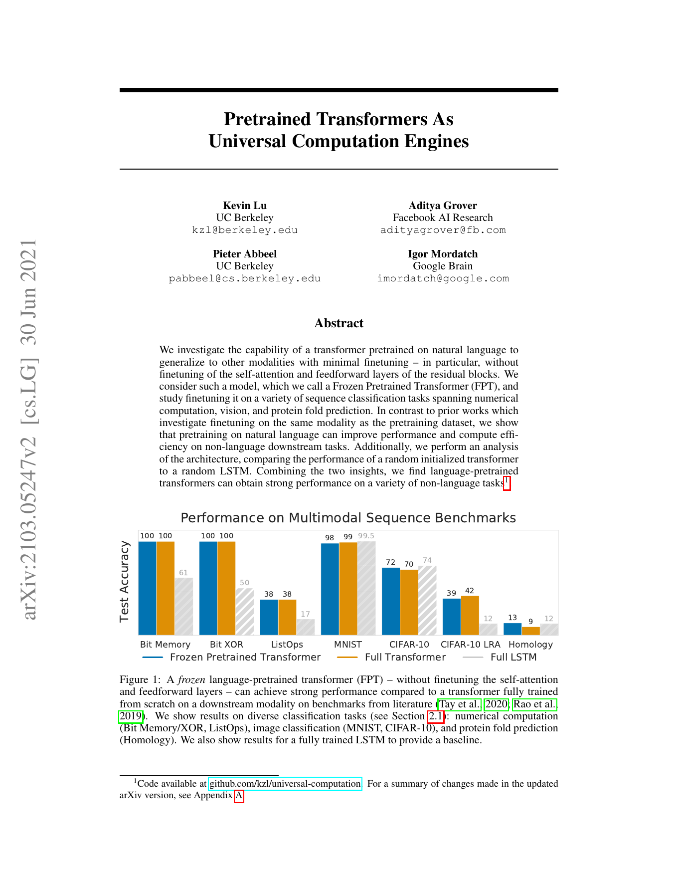First page of Pretrained Transformers as Universal Computation Engines