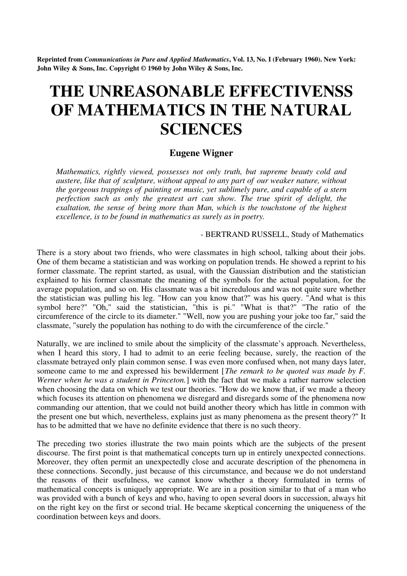 First page of The Unreasonable Effectiveness of Mathematics in the Natural Sciences
